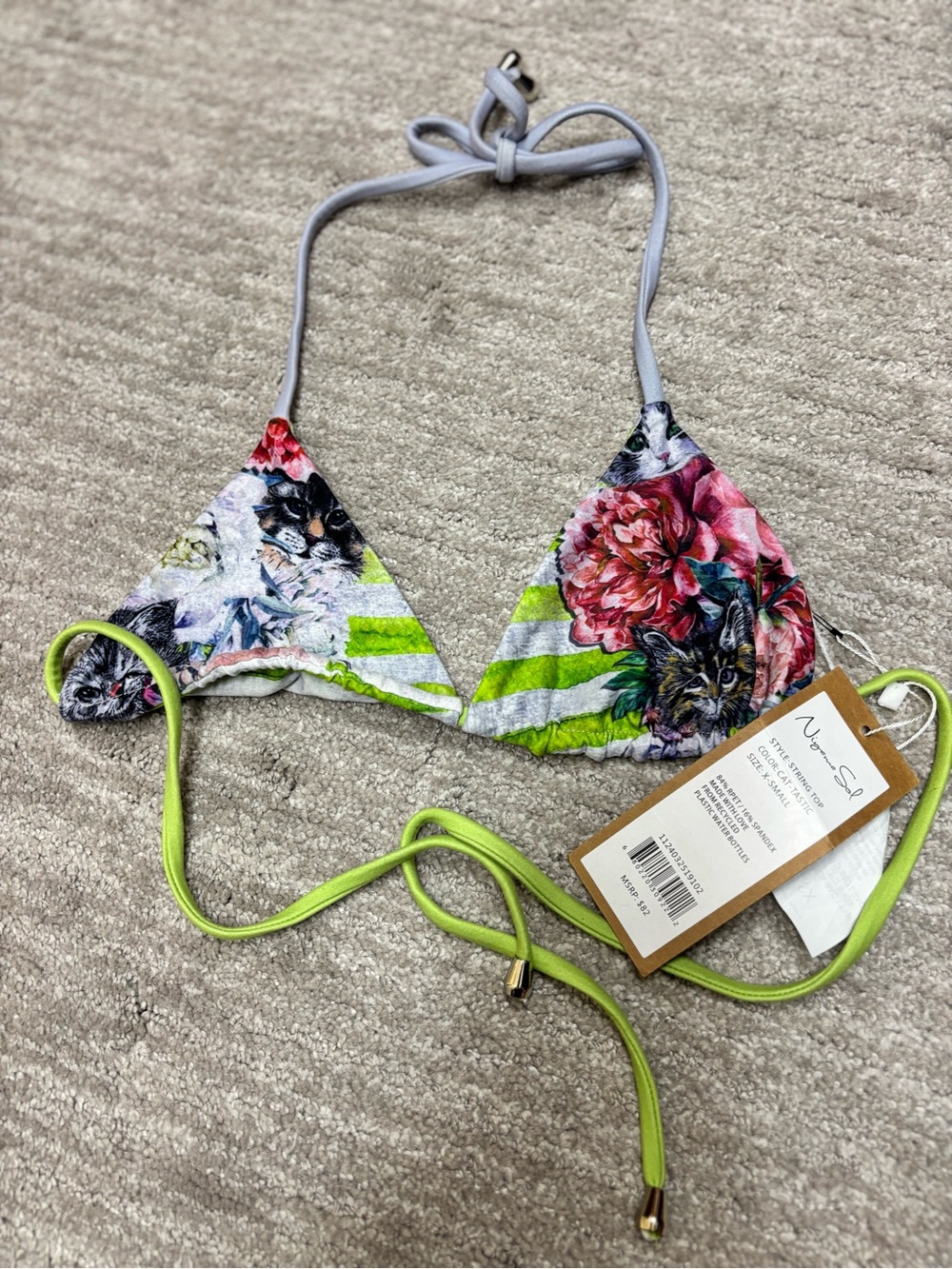 Niyama Sol Reversible Pink Floral Cat String Bikini Top with Lime Accents